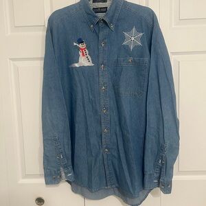 Blue Denim Shirt with Snowman Embroidery